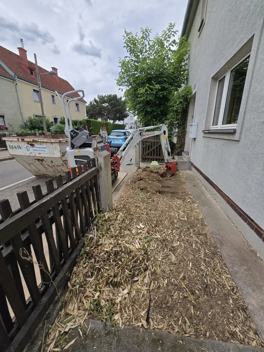 Minibagger bei der Bambusentfernung an einem Wiener Grundstück